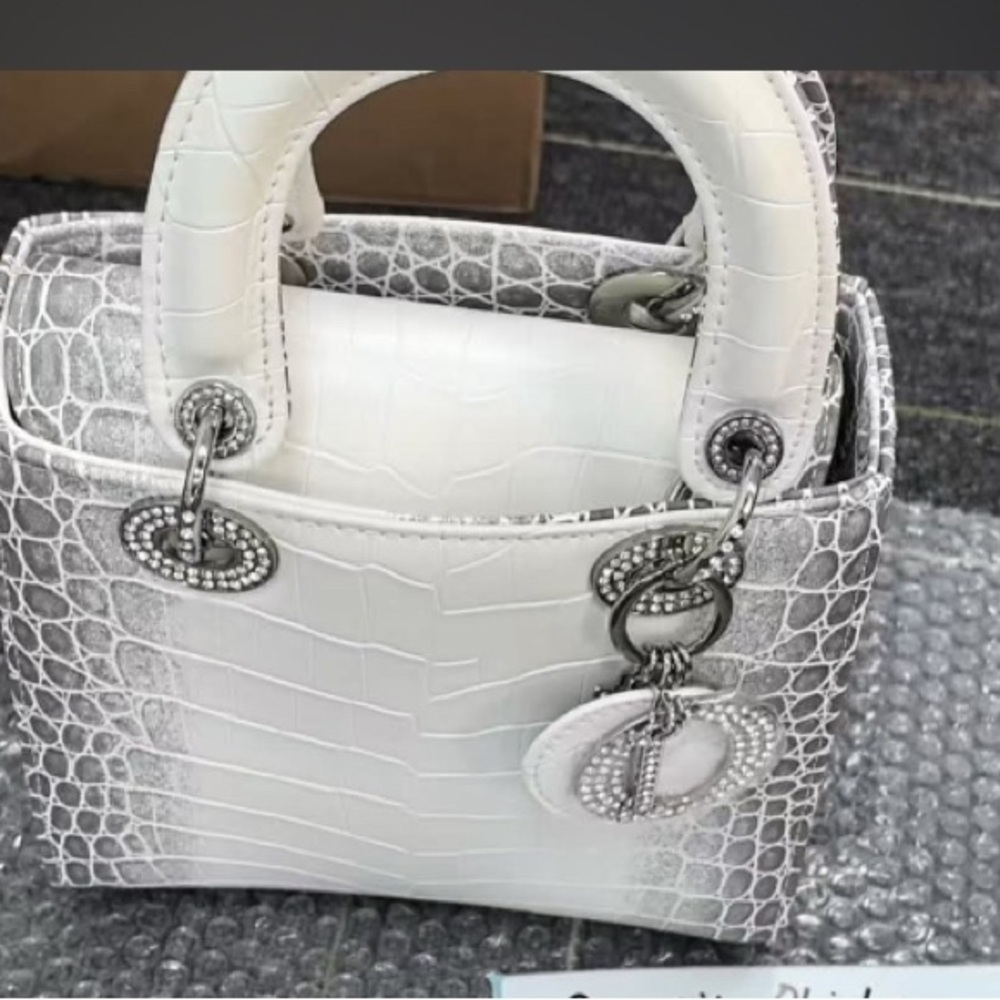 Lady Dior Small Croc Embossed Top-Handle Bag in White and Silver - Picture 5 of 5
